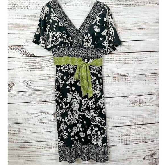 Phoebe Couture Womens Floral Empire Waist Border Trim Silk Dress Black Size 4 - Picture 2 of 14